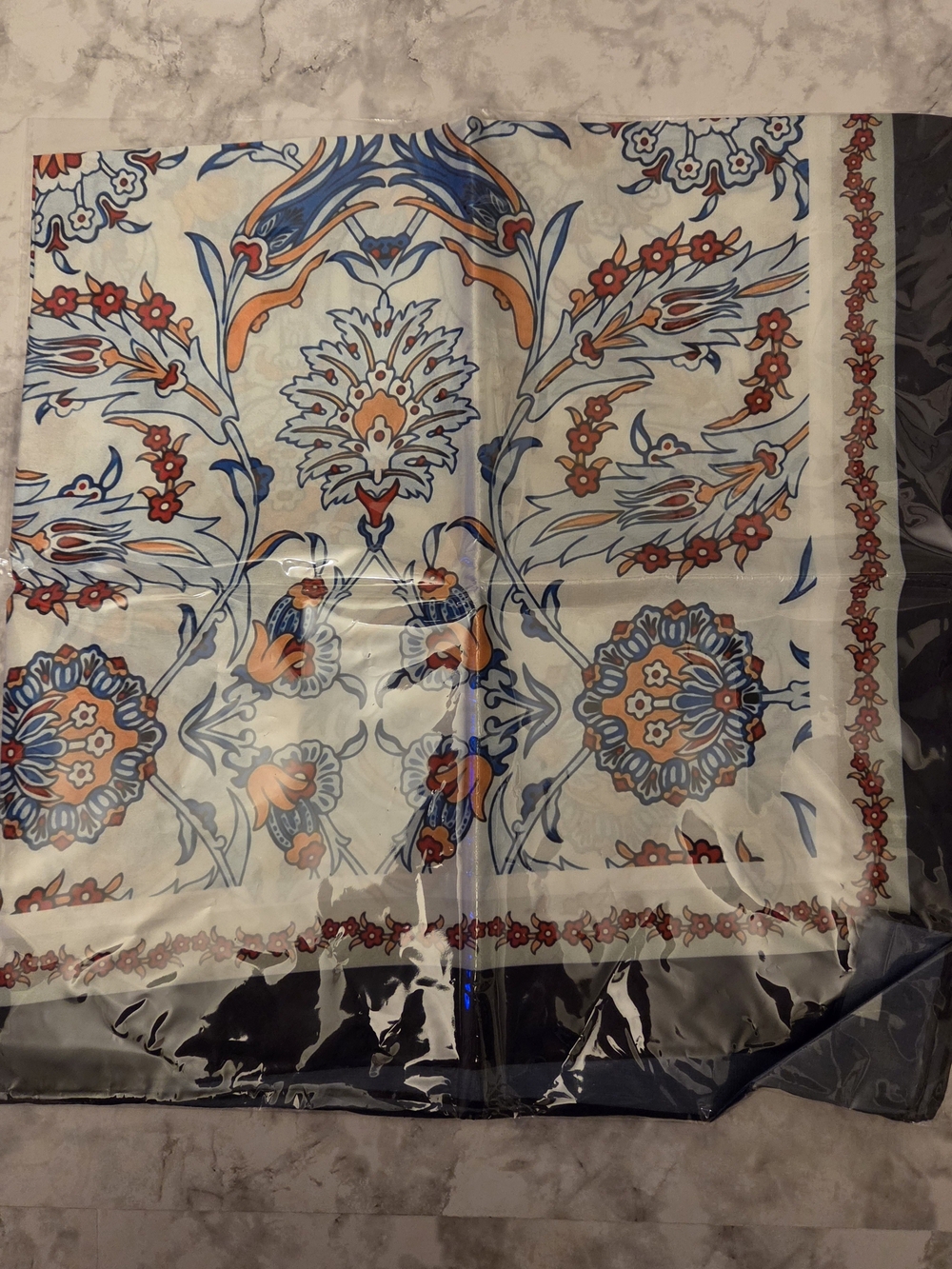 27.5" Square Satin Head Scarf for Women Silky Bandana - Flower Dark Blue, White